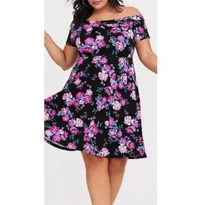 Torrid Off-Shoulder Black Floral Pattern Skater Dress Size 0X/12